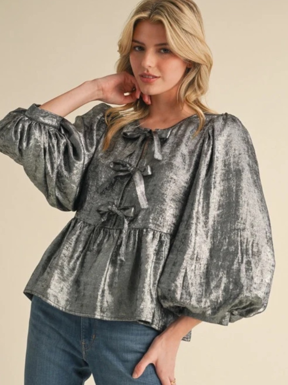 NWT Grace + Karma Metallic Silver Tie-Front Peasant Blouse - Women